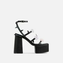 EGO Pansy Triple Strap 3D Flower Detail Platform Block Heel In Black Faux Leather -EGO Sales Store 30 11 22 fw40131 sq