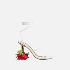 EGO Thorne Lace Up Double Strap Square Toe Rose Statement Heel In White Faux Leather -EGO Sales Store 30 11 22 fw40139 sq
