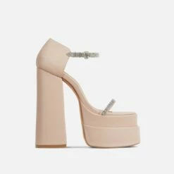 EGO Peggie Diamante Strap Open Square Toe Extreme Platform Block Heel In Nude Faux Leather