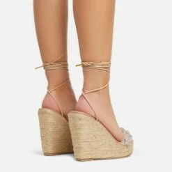 EGO Barli Lace Up Diamante Strap Detail Woven Platform Wedge In Nude Faux Leather -EGO Sales Store abs87039 sb