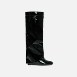 Front Page 32 EGO I-Am-The-One Padlock Detail Wedge Heel Knee High Long Boot In Black Patent