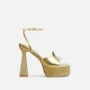 EGO Sparkling Diamante Detail Square Peep Toe Platform Flared Block Heel In Gold Faux Leather -EGO Sales Store ath001 gld 12