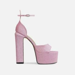 EGO Hand-Picked Open Peep Toe Extreme Platform Block Heel In Pink Glitter