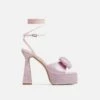 EGO Taste Lace Up Diamante Bow Detail Square Peep Toe Platform Flared Block Heel In Pink Faux Leather -EGO Sales Store ath001 gld 23 sq