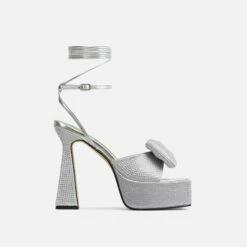 EGO Taste Lace Up Diamante Bow Detail Square Peep Toe Platform Flared Block Heel In Silver Faux Leather -EGO Sales Store ath001 gld 24 sq