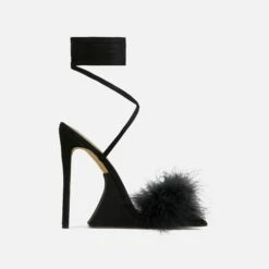 EGO Sorrenti Lace Up Fluffy Faux Feather Detail Square Toe Sculptured Platform Stiletto Heel In Black Faux Suede -EGO Sales Store ath001 gld 25 sq