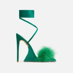 EGO Sorrenti Lace Up Fluffy Faux Feather Detail Square Toe Sculptured Platform Stiletto Heel In Green Faux Suede -EGO Sales Store ath001 gld 28 sq