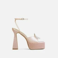 EGO Sparkling Diamante Detail Square Peep Toe Platform Flared Block Heel In Nude Satin