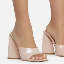 EGO Avalon Square Peep Toe Sculptured Flared Block Heel Mule In Nude Patent -EGO Sales Store avalon 11095 copy