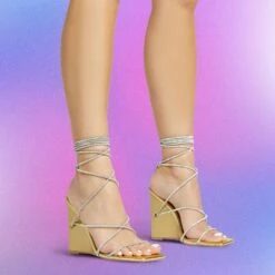 EGO Beggin Lace Up Diamante Strap Detail Square Toe Wedge Heel In Gold Faux Leather