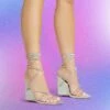 EGO Beggin Lace Up Diamante Strap Detail Square Toe Wedge Heel In Silver Faux Leather -EGO Sales Store beggin silver1 s