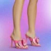 EGO Bouquet Oversized Diamante Rose Detail Thong Strap Square Toe Stiletto Heel Mule In Pink Faux Leather -EGO Sales Store bouquet pink1 s
