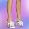 EGO Bouquet Oversized Diamante Rose Detail Thong Strap Square Toe Stiletto Heel Mule In White Faux Leather -EGO Sales Store bouquet white s