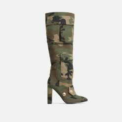 EGO Jamisen Pocket Stud Detail Pointed Toe Block Heel Knee High Boot In Camo Print Fabric -EGO Sales Store bring heel in2 2