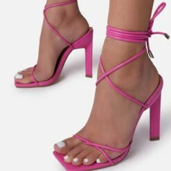 EGO Into-You Lace Up Square Toe Sculptured Block Heel In Pink Faux Leather -EGO Sales Store bubbly 0066