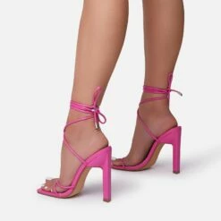 EGO Into-You Lace Up Square Toe Sculptured Block Heel In Pink Faux Leather -EGO Sales Store bubbly 0067