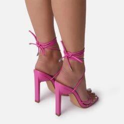 EGO Into-You Lace Up Square Toe Sculptured Block Heel In Pink Faux Leather -EGO Sales Store bubbly 0068