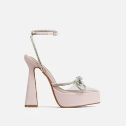 EGO Candy-Love Diamante Bow Perspex Pointed Toe Platform Flared Block Heel In Pink Faux Leather