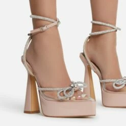 EGO Candy-Love Diamante Bow Perspex Pointed Toe Platform Flared Block Heel In Nude Patent -EGO Sales Store cadylove 7618 copy