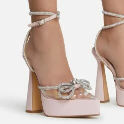 EGO Candy-Love Diamante Bow Perspex Pointed Toe Platform Flared Block Heel In Pink Faux Leather -EGO Sales Store cadylove 7623 copy