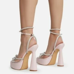 EGO Candy-Love Diamante Bow Perspex Pointed Toe Platform Flared Block Heel In Pink Faux Leather -EGO Sales Store cadylove 7624 copy