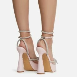 EGO Candy-Love Diamante Bow Perspex Pointed Toe Platform Flared Block Heel In Pink Faux Leather -EGO Sales Store cadylove 7625 copy