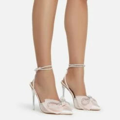 EGO Chriselle Bow Detail Diamante Lace Up Clear Perspex Heel In Pink Satin