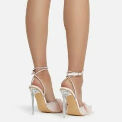 EGO Chriselle Bow Detail Diamante Lace Up Clear Perspex Heel In Pink Satin -EGO Sales Store chriselle 11214 copy