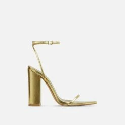 EGO Compass Ankle Strap Pointed Toe Block Heel In Gold Metallic Faux Leather -EGO Sales Store cut off strap at end 06 10 22 fw15119 sq 1 v