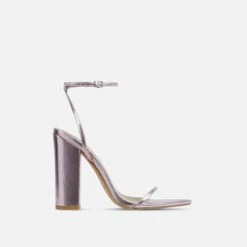 EGO Compass Ankle Strap Pointed Toe Block Heel In Pink Metallic Faux Leather -EGO Sales Store cut off strap at end 06 10 22 fw15119 sq 3 v