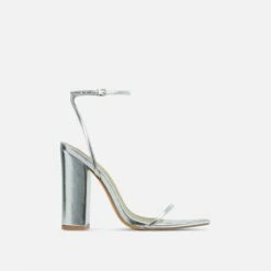 EGO Compass Ankle Strap Pointed Toe Block Heel In Silver Metallic Faux Leather -EGO Sales Store cut off strap at end 06 10 22 fw15119 sq 5 v