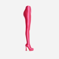 EGO Hypnosis Closed Square Toe Platform Flared Block Heel Long Legging Boot In Pink Lycra -EGO Sales Store cutout1v2