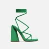 EGO Date-Night Knotted Detail Lace Up Square Toe Sculptured Flared Block Heel In Bright Green Faux Leather