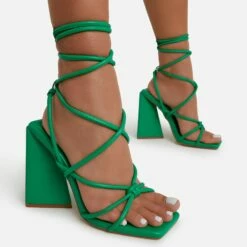 EGO Date-Night Knotted Detail Lace Up Square Toe Sculptured Flared Block Heel In Bright Green Faux Leather -EGO Sales Store datenite11550 copy