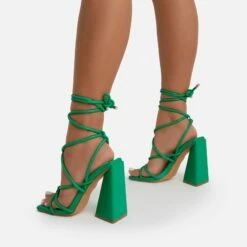 EGO Date-Night Knotted Detail Lace Up Square Toe Sculptured Flared Block Heel In Bright Green Faux Leather -EGO Sales Store datenite11552 copy