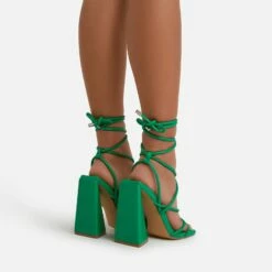 EGO Date-Night Knotted Detail Lace Up Square Toe Sculptured Flared Block Heel In Bright Green Faux Leather -EGO Sales Store datenite11553 copy