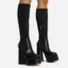EGO Dede Platform Block Heel Knee High Long Sock Boot In Black Faux Leather -EGO Sales Store dede black 1