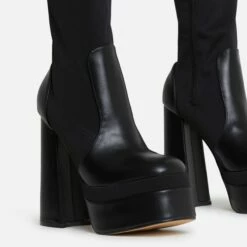 EGO Dede Platform Block Heel Knee High Long Sock Boot In Black Faux Leather -EGO Sales Store dede black 2