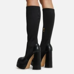 EGO Dede Platform Block Heel Knee High Long Sock Boot In Black Faux Leather -EGO Sales Store dede black 3