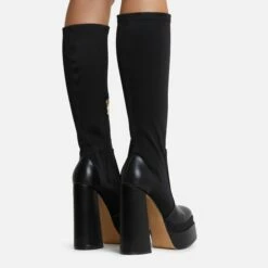 EGO Dede Platform Block Heel Knee High Long Sock Boot In Black Faux Leather -EGO Sales Store dede black 4