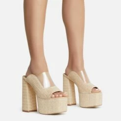 EGO Destination Woven Clear Perspex Square Peep Toe Platform Heel Mule In Nude
