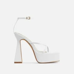EGO Dion Ankle Strap Square Toe Platform Flared Block Heel In White Faux Leather