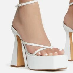 EGO Dion Ankle Strap Square Toe Platform Flared Block Heel In White Faux Leather -EGO Sales Store dion 8179