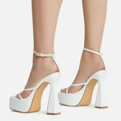 EGO Dion Ankle Strap Square Toe Platform Flared Block Heel In White Faux Leather -EGO Sales Store dion 8180