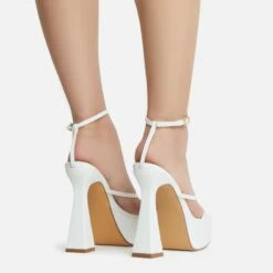EGO Dion Ankle Strap Square Toe Platform Flared Block Heel In White Faux Leather -EGO Sales Store dion 8181