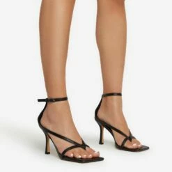 EGO Eve Square Toe Strappy Heel In Black Faux Leather