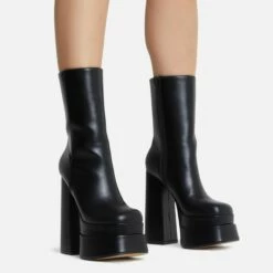 EGO Fifi Closed Square Toe Statement Platform Block Heel Ankle Biker Boot In Black Faux Leather