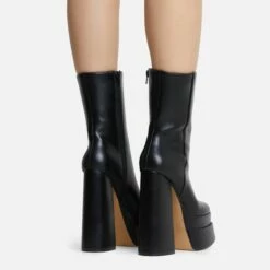 EGO Fifi Closed Square Toe Statement Platform Block Heel Ankle Biker Boot In Black Faux Leather -EGO Sales Store fifi 8088