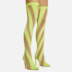 EGO Lilth Wrapped Panel Detail Pointed Toe Stiletto Heel Over The Knee Thigh High Sock Boot In Lime Mesh