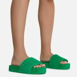 EGO Gotchu Flatform Slider Sandal In Green Terry Towel Fabric -EGO Sales Store gotchu 7596 copy